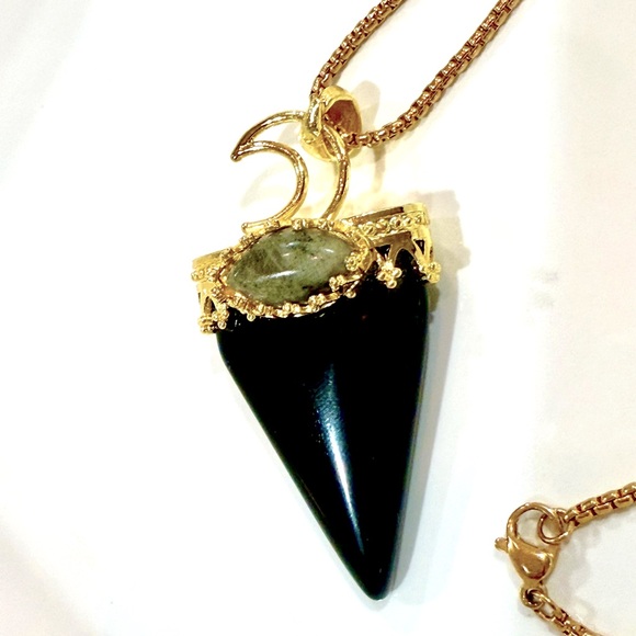 Gold Boho Black Obsidian Moon Crowned Stone Protection Amulet Necklace - Picture 3 of 4